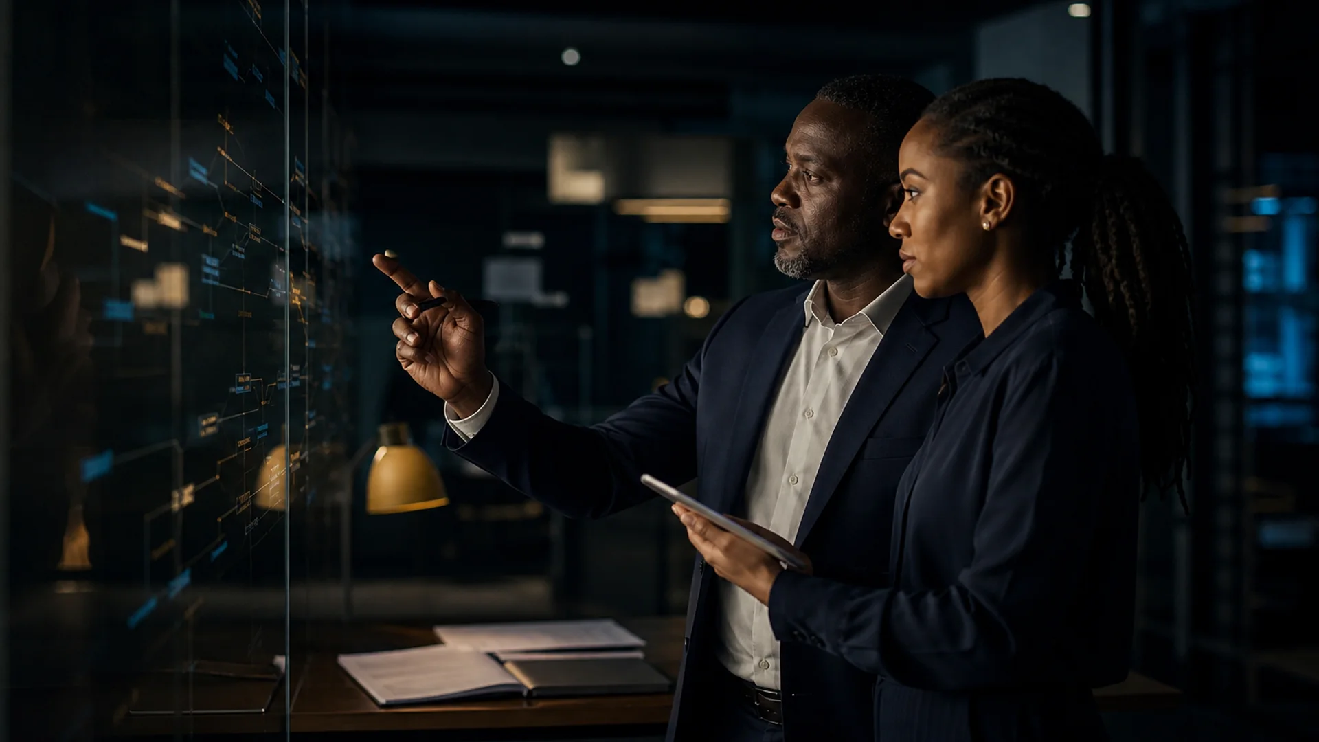 Two business leaders reviewing a data-supported operating model